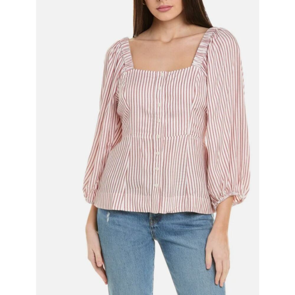 CAbi NWT 5890 Red White Striped Carnival Top Puff Sleeve Button Front Sz M